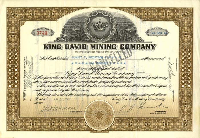 King David Mining Co. - Stock Certificate
